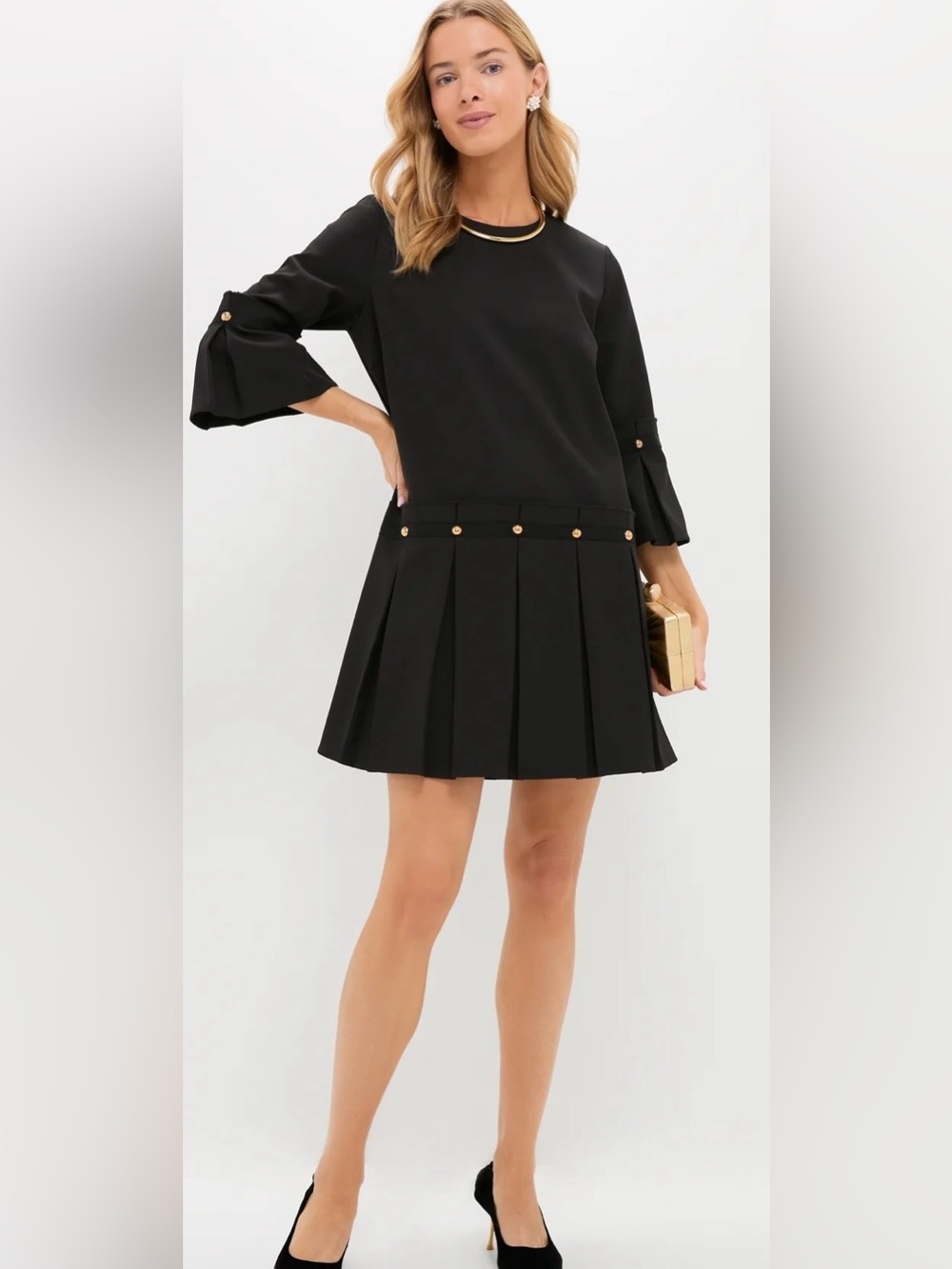 Tuckernuck Kennedy Black Pleated Gold Stud Mini Dress NWOT Medium